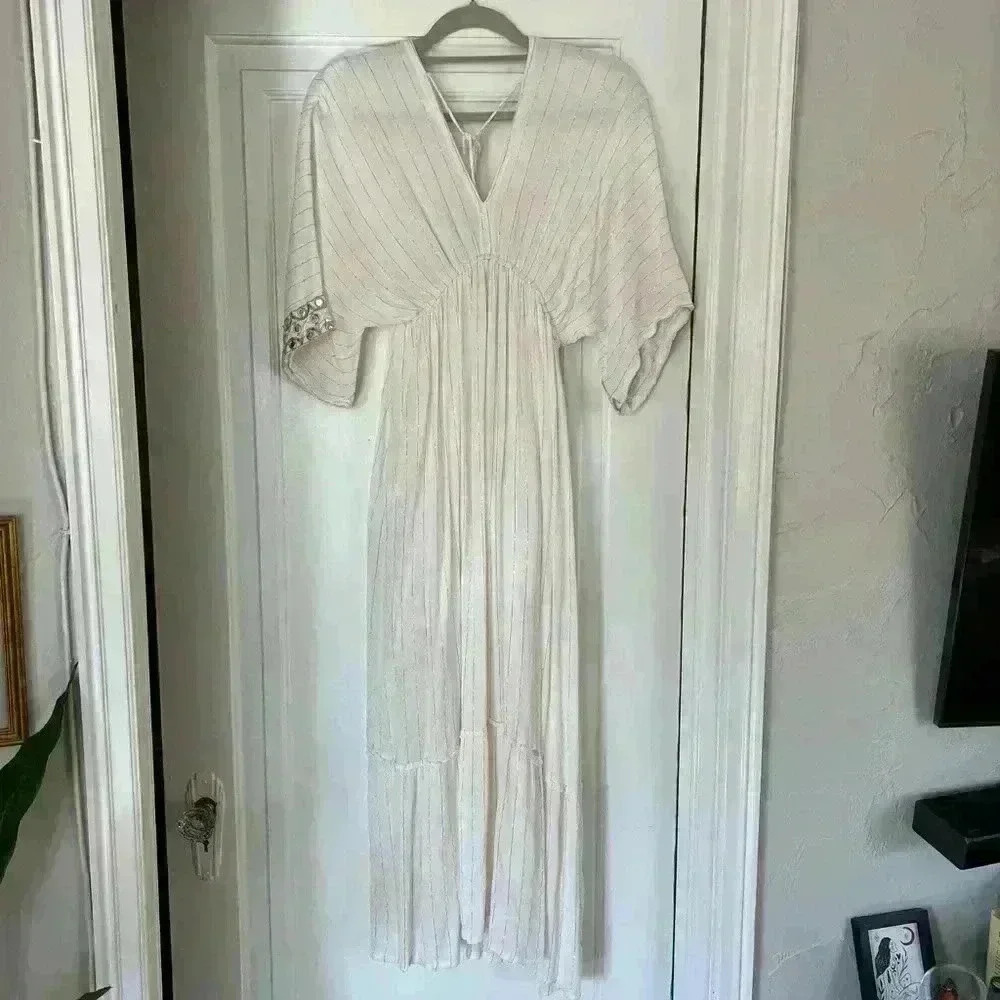 Ivory Boho Mirror Embellished Maxi Dress Viscose Kaftan Festival Beach Resort - Picture 16 of 17